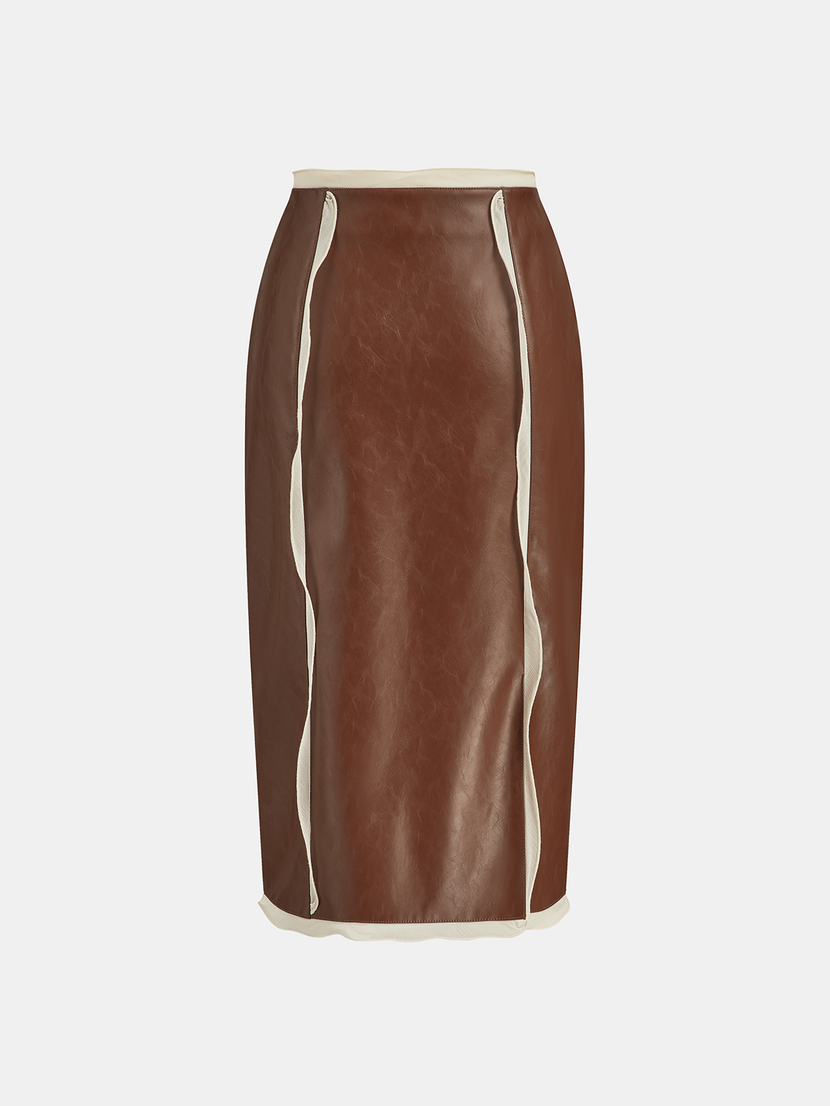 Contrast Piping Faux Leather Midi Skirt-Chicvia