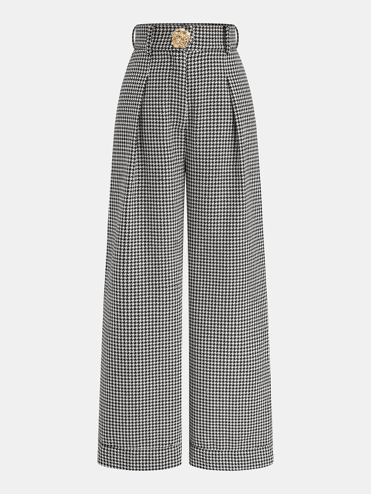 Houndstooth Pleated Buttoned Wide Leg Pants-Chicvia