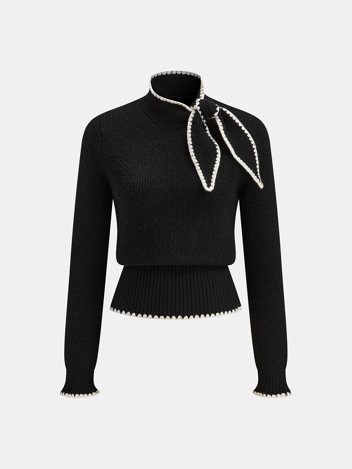 Mock Neck Tie Neck Contrast Stitch Sweater-Chicvia