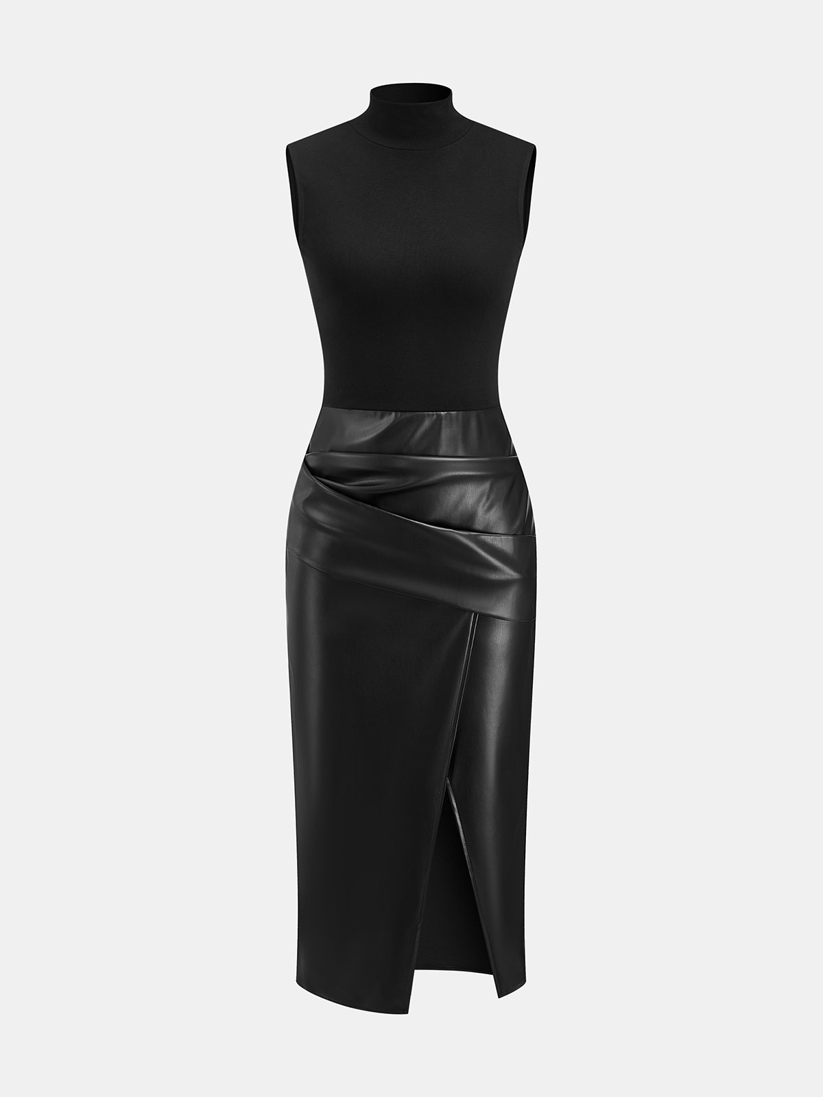 Faux Leather Panel Mock Neck Sleeveless Dress-Chicvia