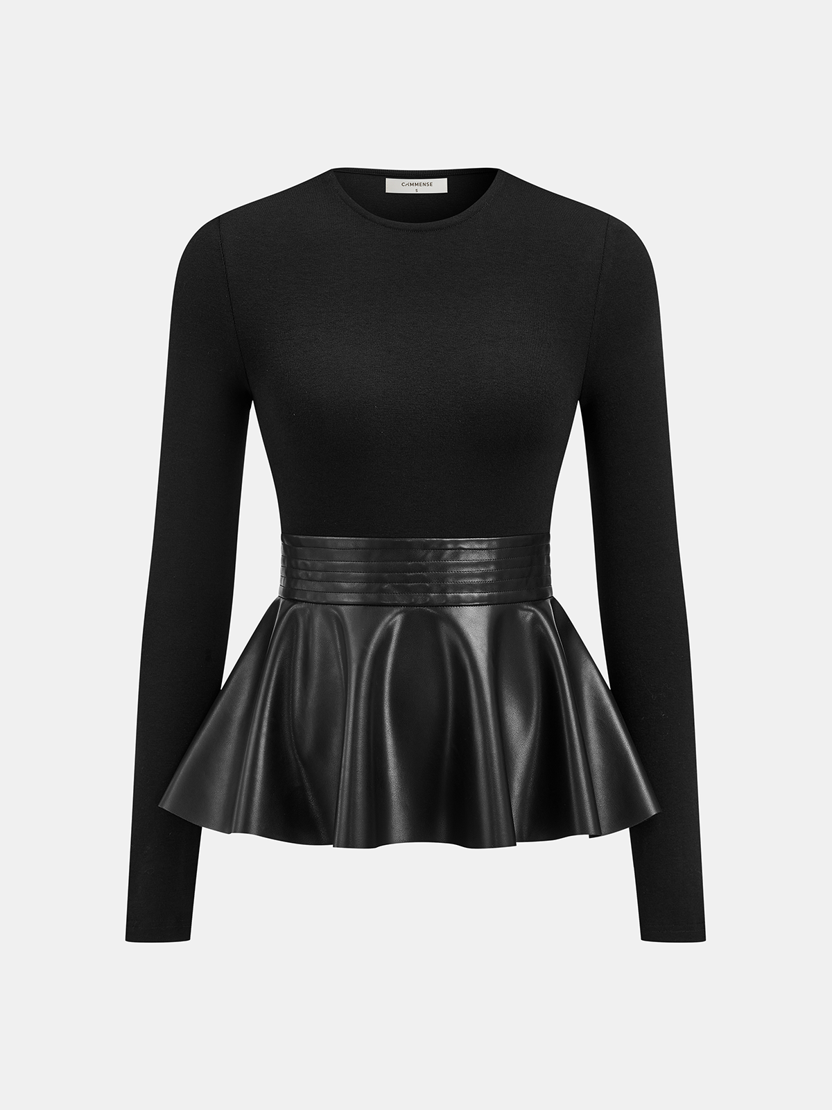 Faux Leather Peplum Long-Sleeve Top-Chicvia