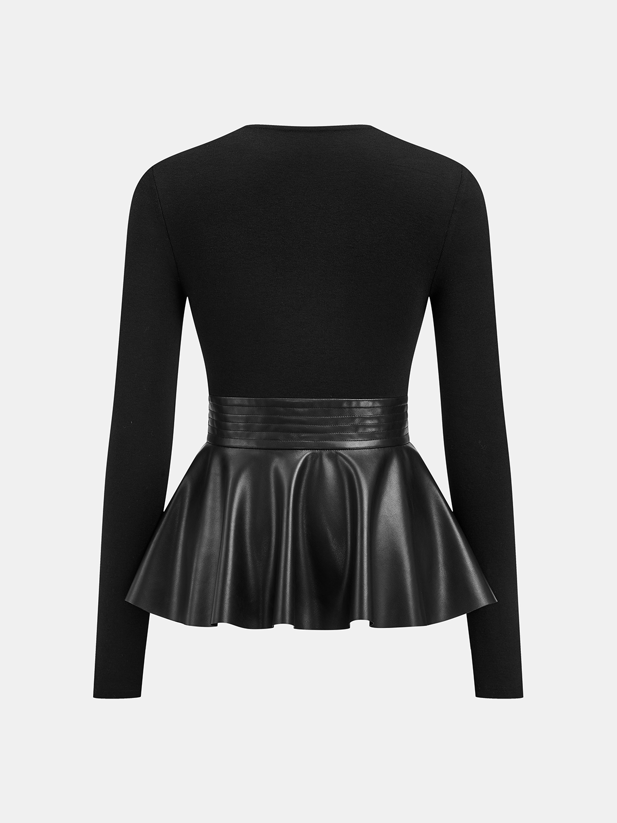 Faux Leather Peplum Long-Sleeve Top-Chicvia