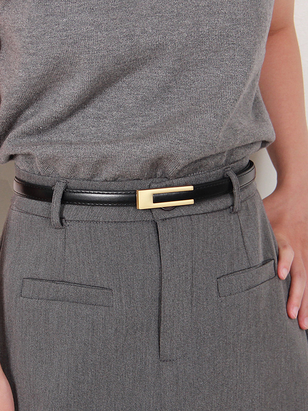Golden Geometric Buckle PU Leather Thin Belt-Chicvia