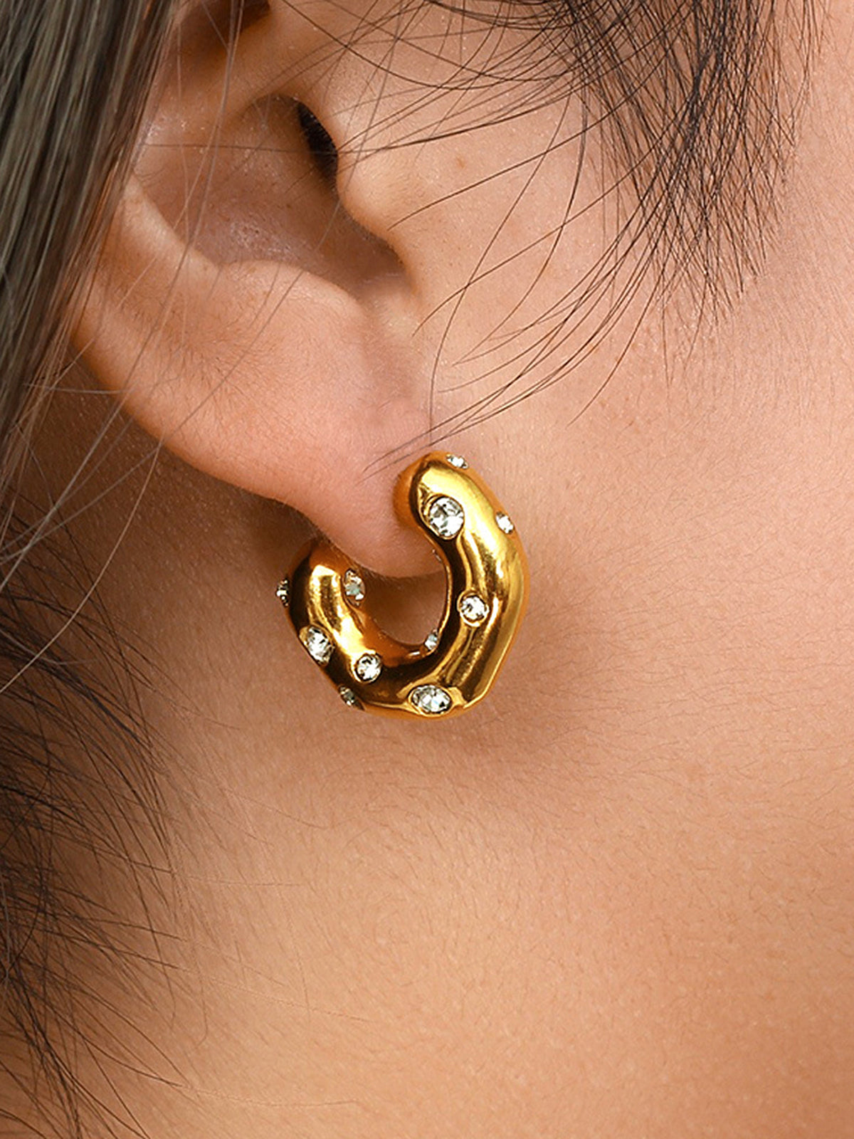 Irregular Hoop Earrings with Crystal Embellishments-Chicvia