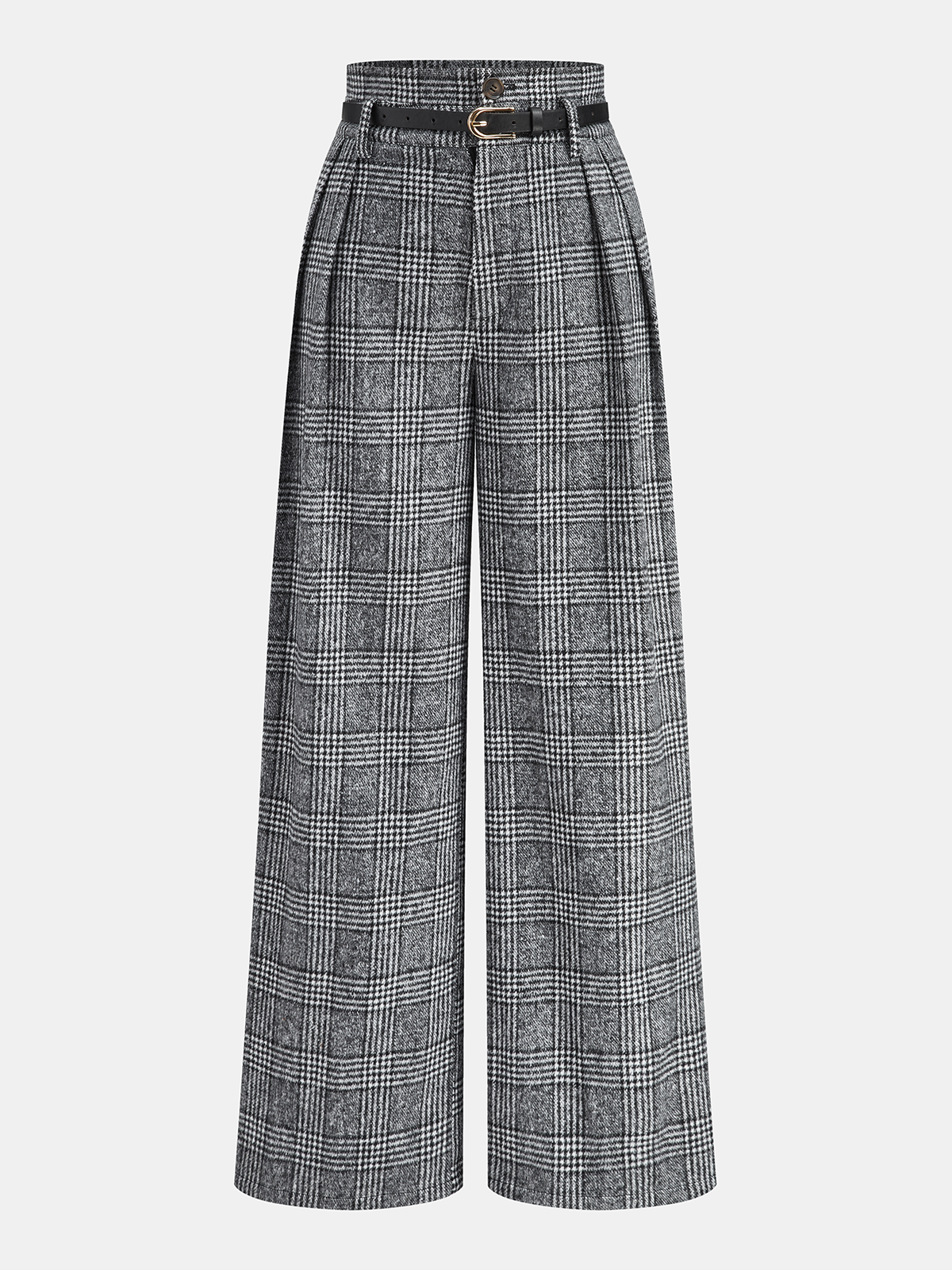 Belted Plaid High-Waisted Pants-Chicvia