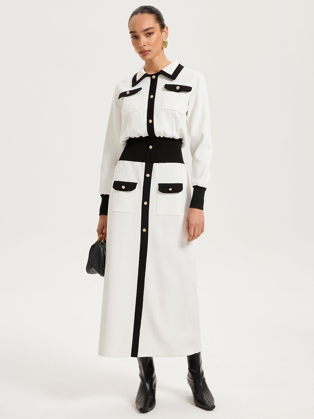 Collared Metal Button Contrast Trim Knit Maxi Dress-Chicvia