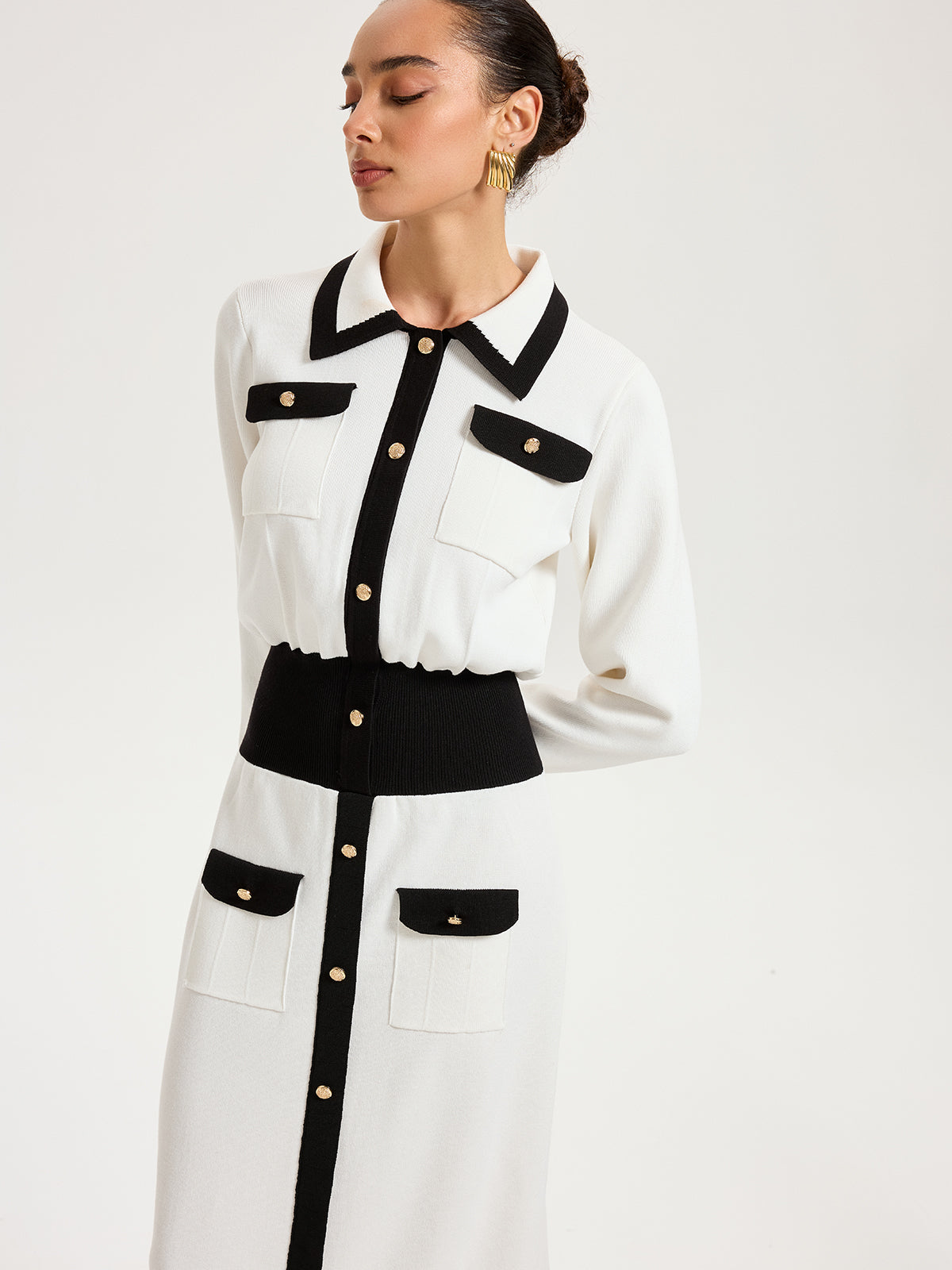 Collared Metal Button Contrast Trim Knit Maxi Dress-Chicvia