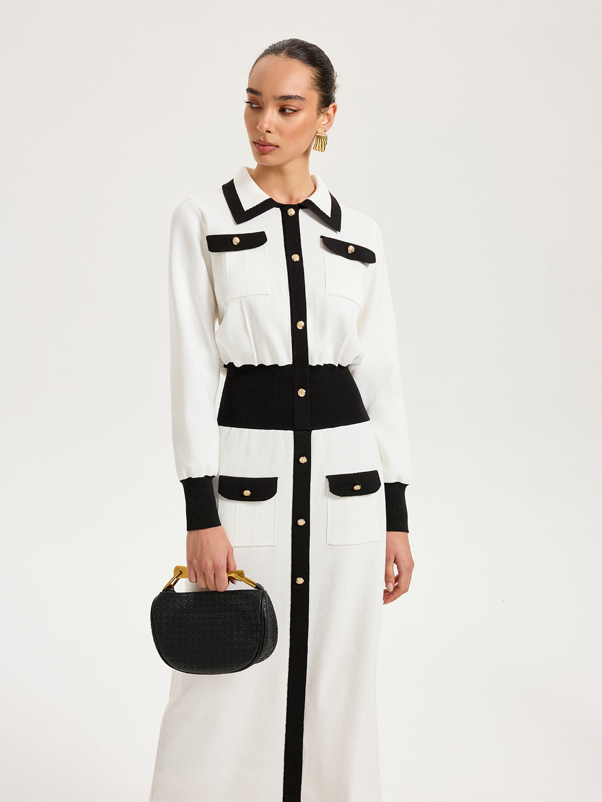 Collared Metal Button Contrast Trim Knit Maxi Dress-Chicvia