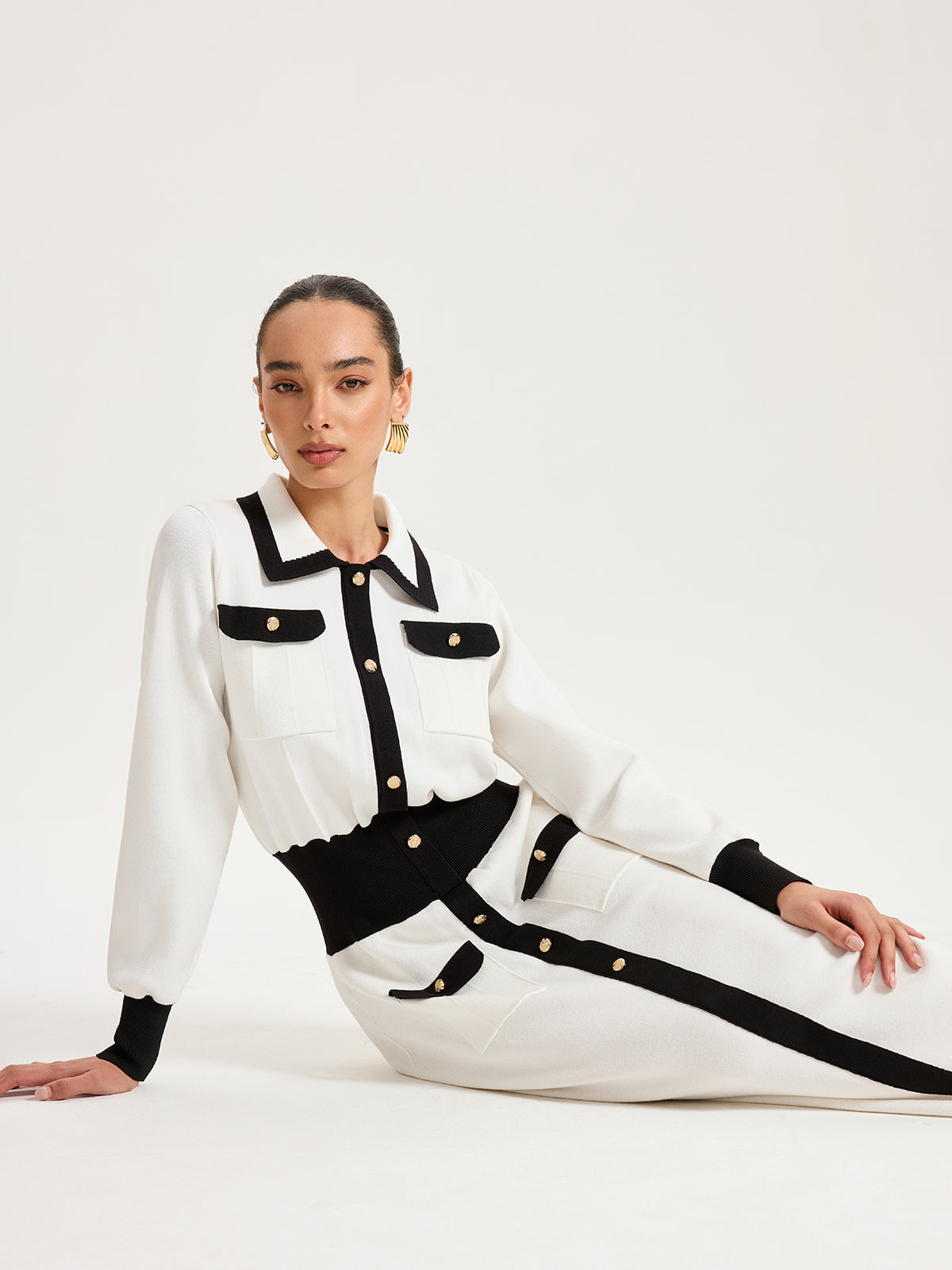 Collared Metal Button Contrast Trim Knit Maxi Dress-Chicvia