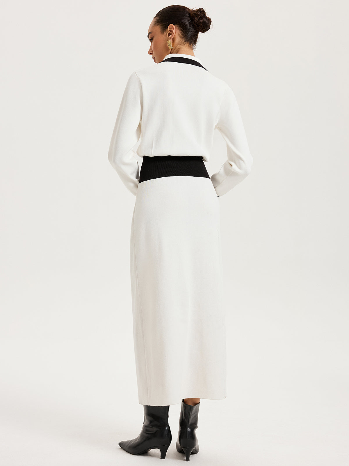 Collared Metal Button Contrast Trim Knit Maxi Dress-Chicvia