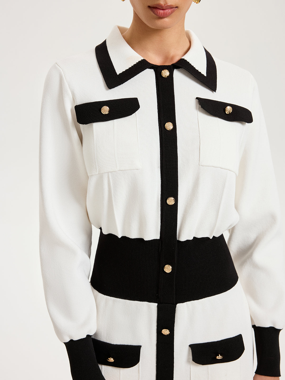 Collared Metal Button Contrast Trim Knit Maxi Dress-Chicvia