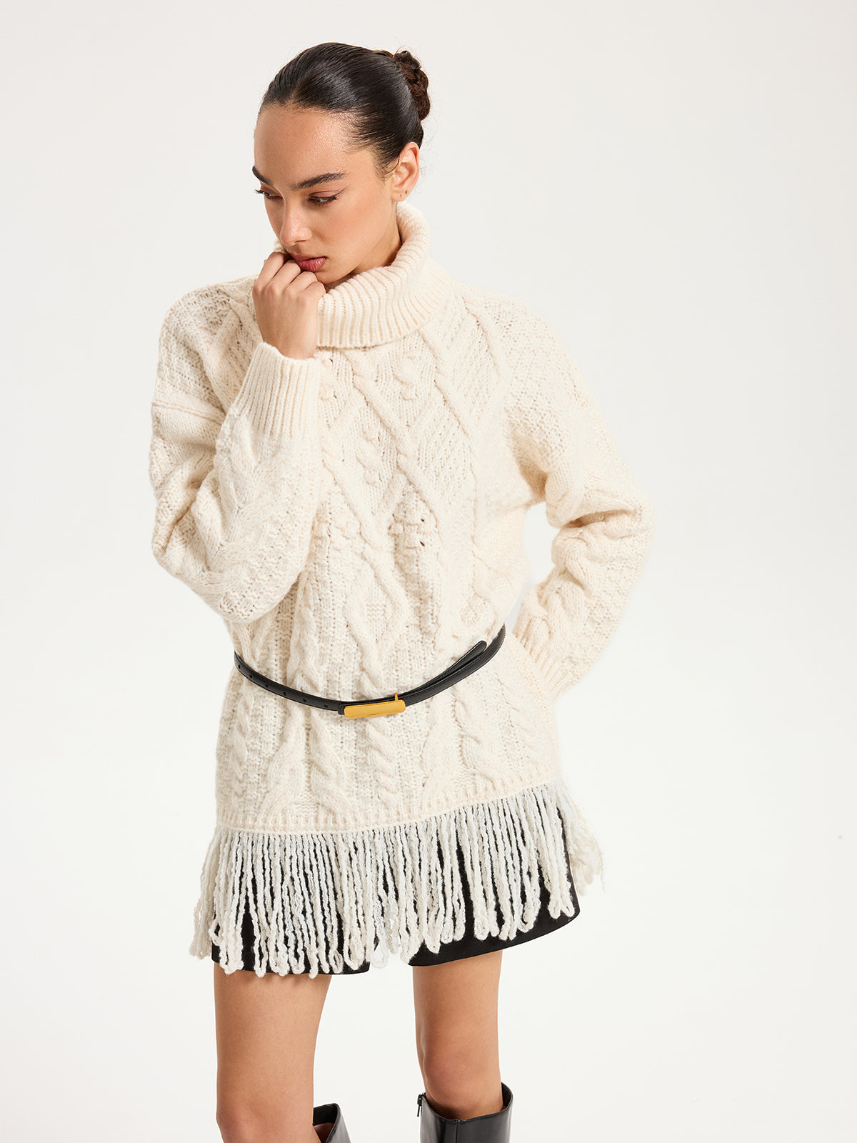 Fringe Hem Cable-Knit Turtleneck Sweater-Chicvia