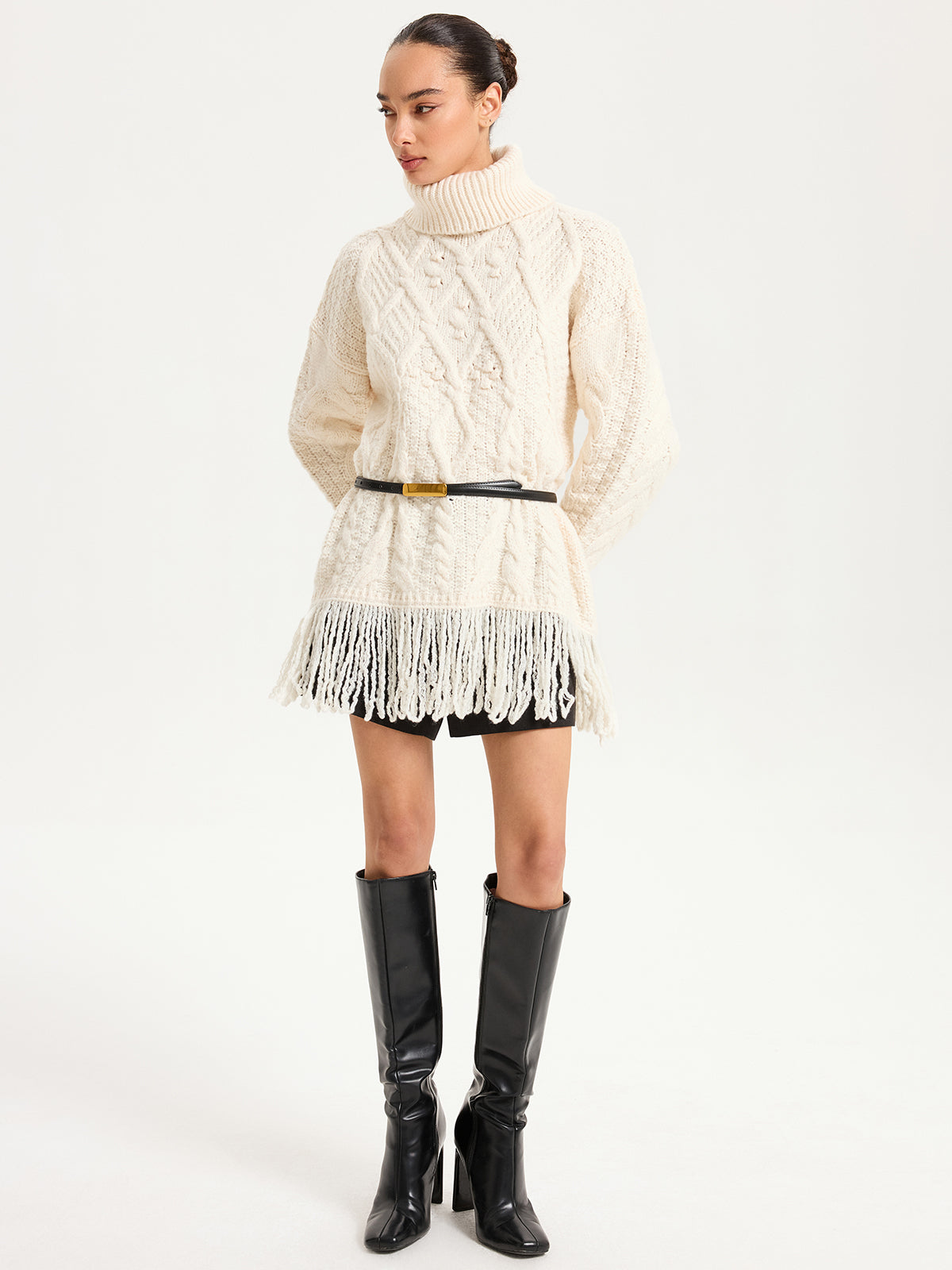 Fringe Hem Cable-Knit Turtleneck Sweater-Chicvia