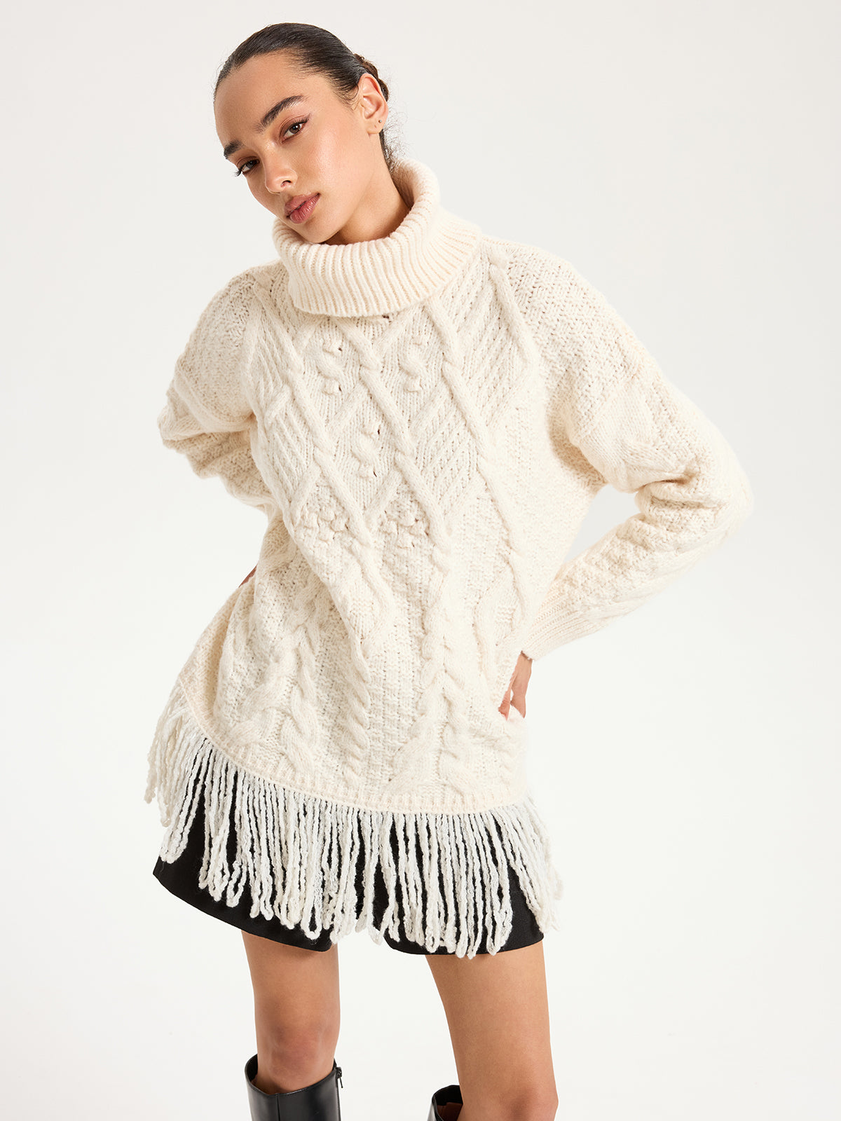 Fringe Hem Cable-Knit Turtleneck Sweater-Chicvia