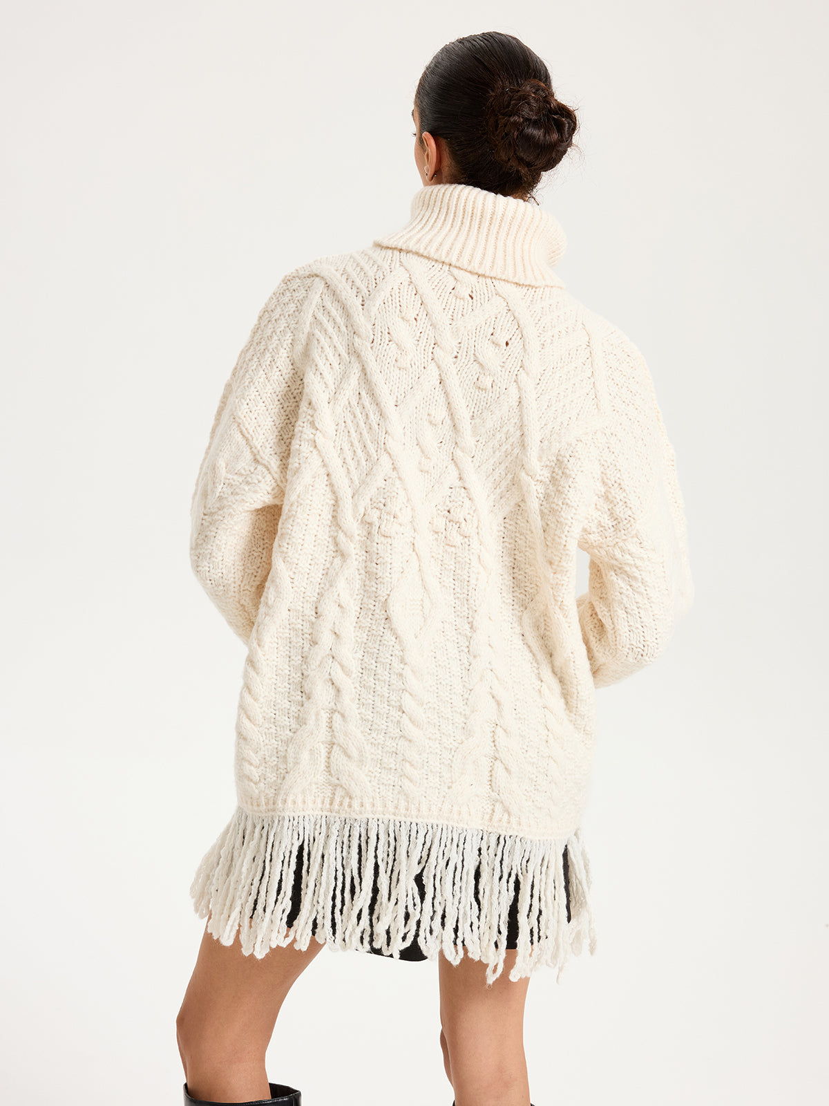 Fringe Hem Cable-Knit Turtleneck Sweater-Chicvia