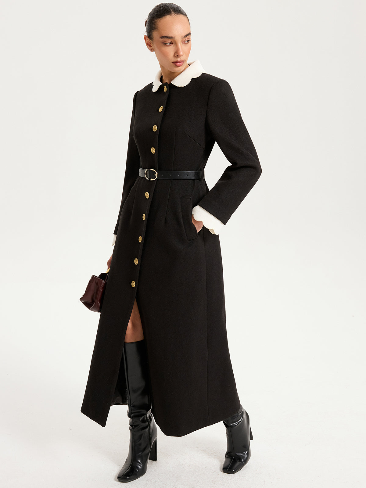 Contrast Collar Metal Button Longline Coat-Chicvia