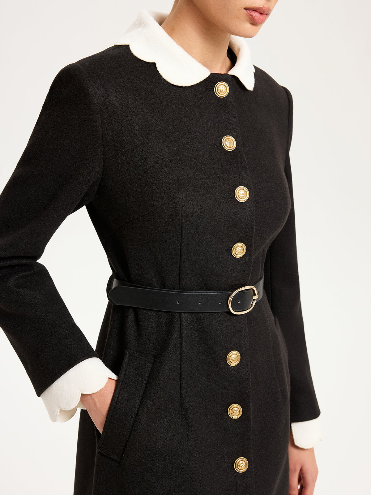 Contrast Collar Metal Button Longline Coat-Chicvia
