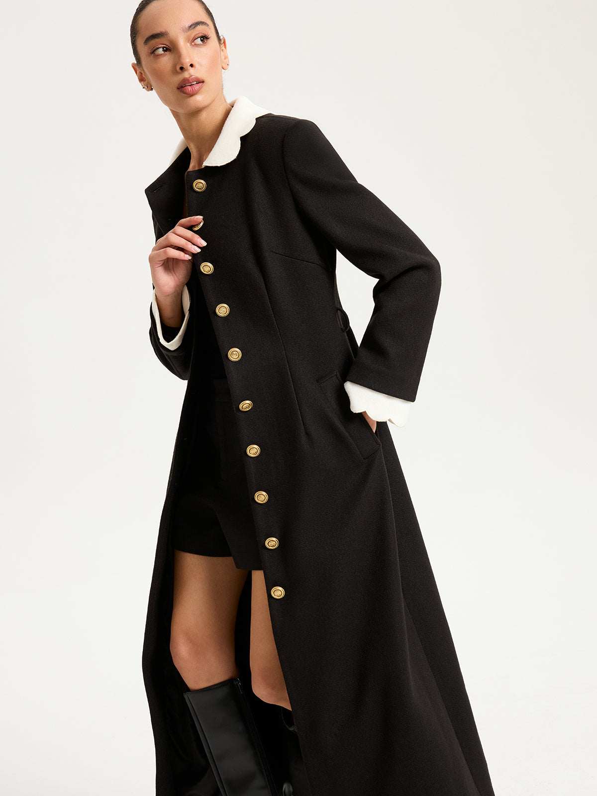 Contrast Collar Metal Button Longline Coat-Chicvia