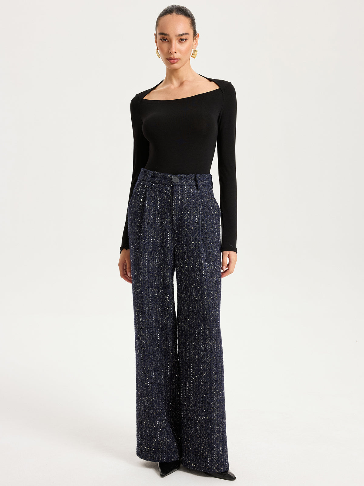Mid-Waist Tweed Sequin Wide-Leg Pants-Chicvia