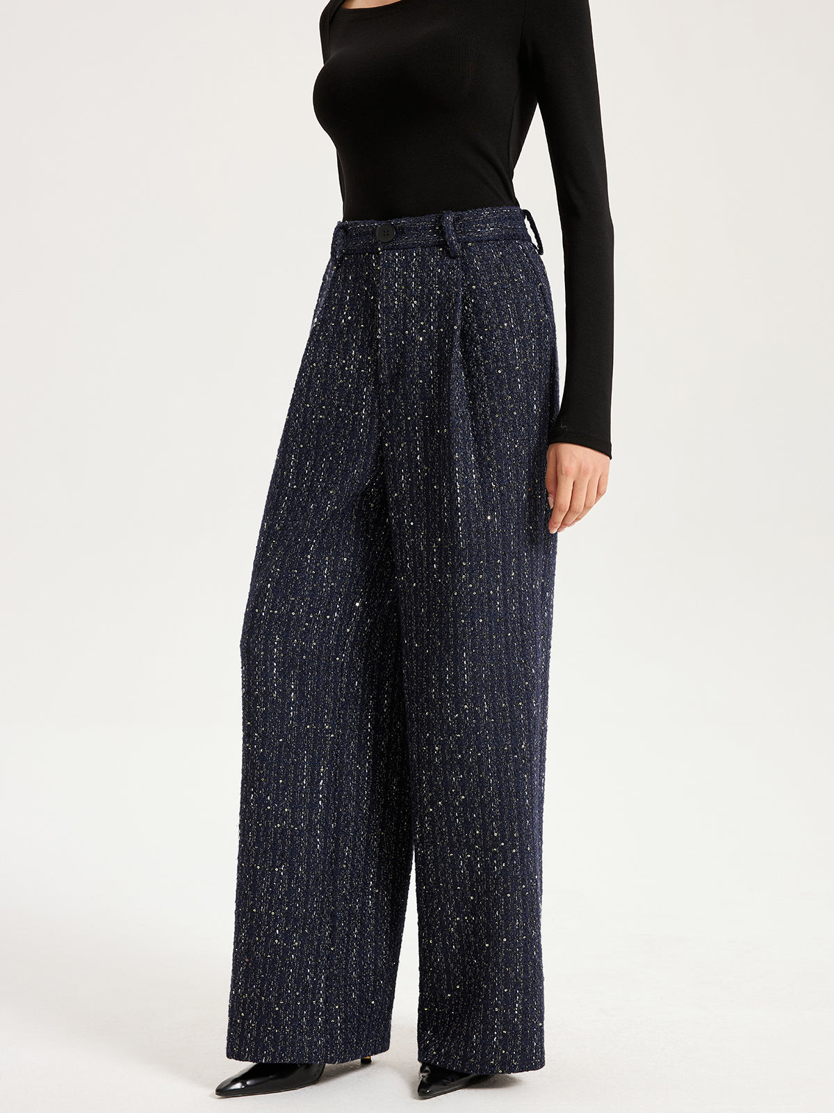 Mid-Waist Tweed Sequin Wide-Leg Pants-Chicvia