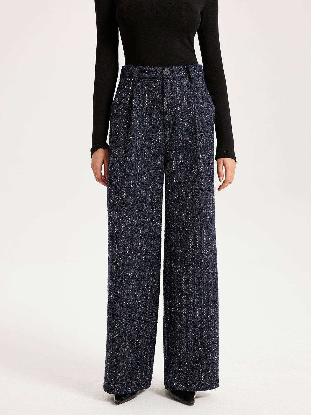 Mid-Waist Tweed Sequin Wide-Leg Pants-Chicvia