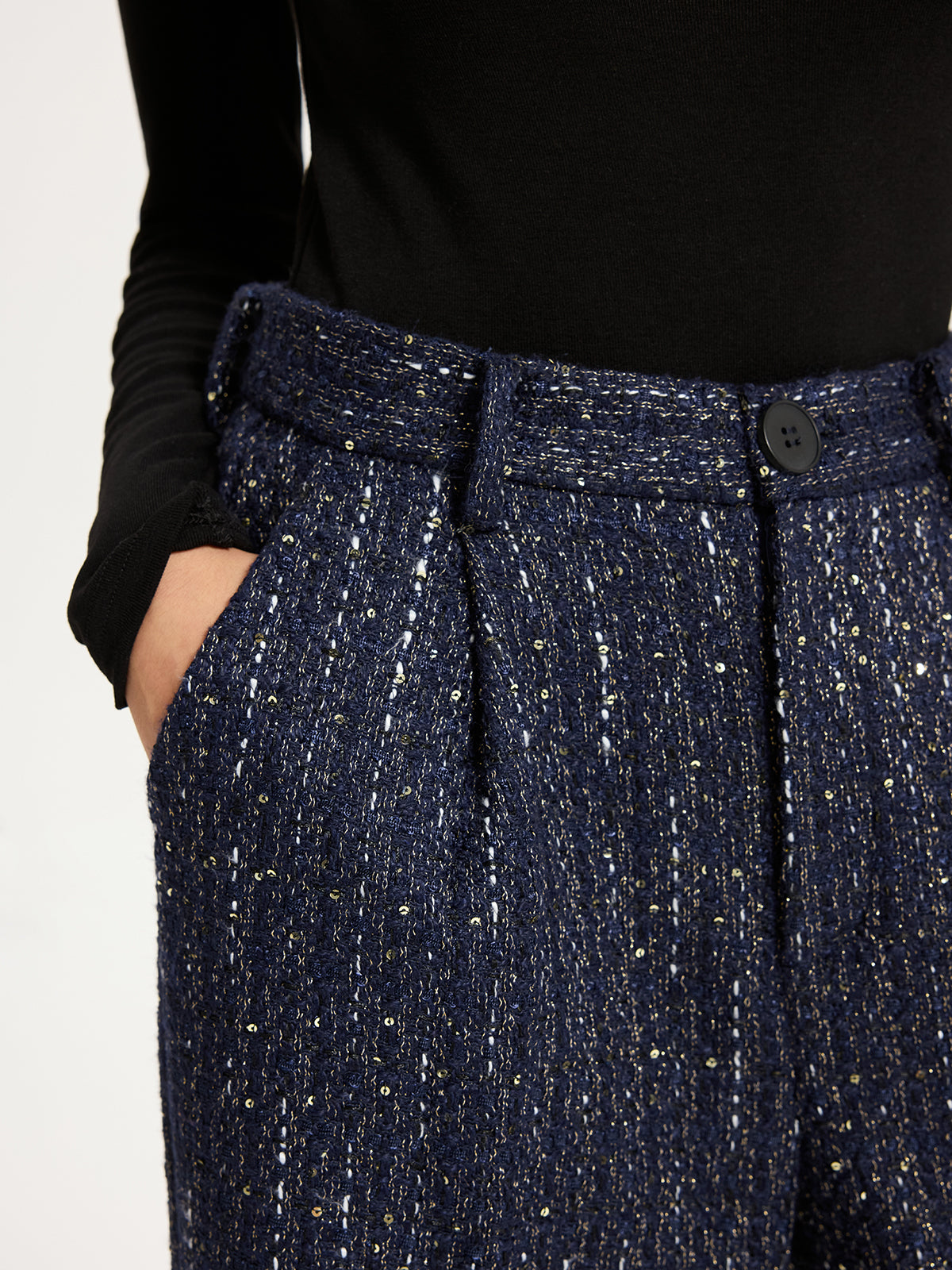 Mid-Waist Tweed Sequin Wide-Leg Pants-Chicvia