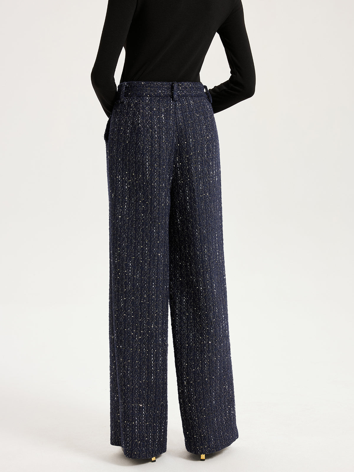 Mid-Waist Tweed Sequin Wide-Leg Pants-Chicvia
