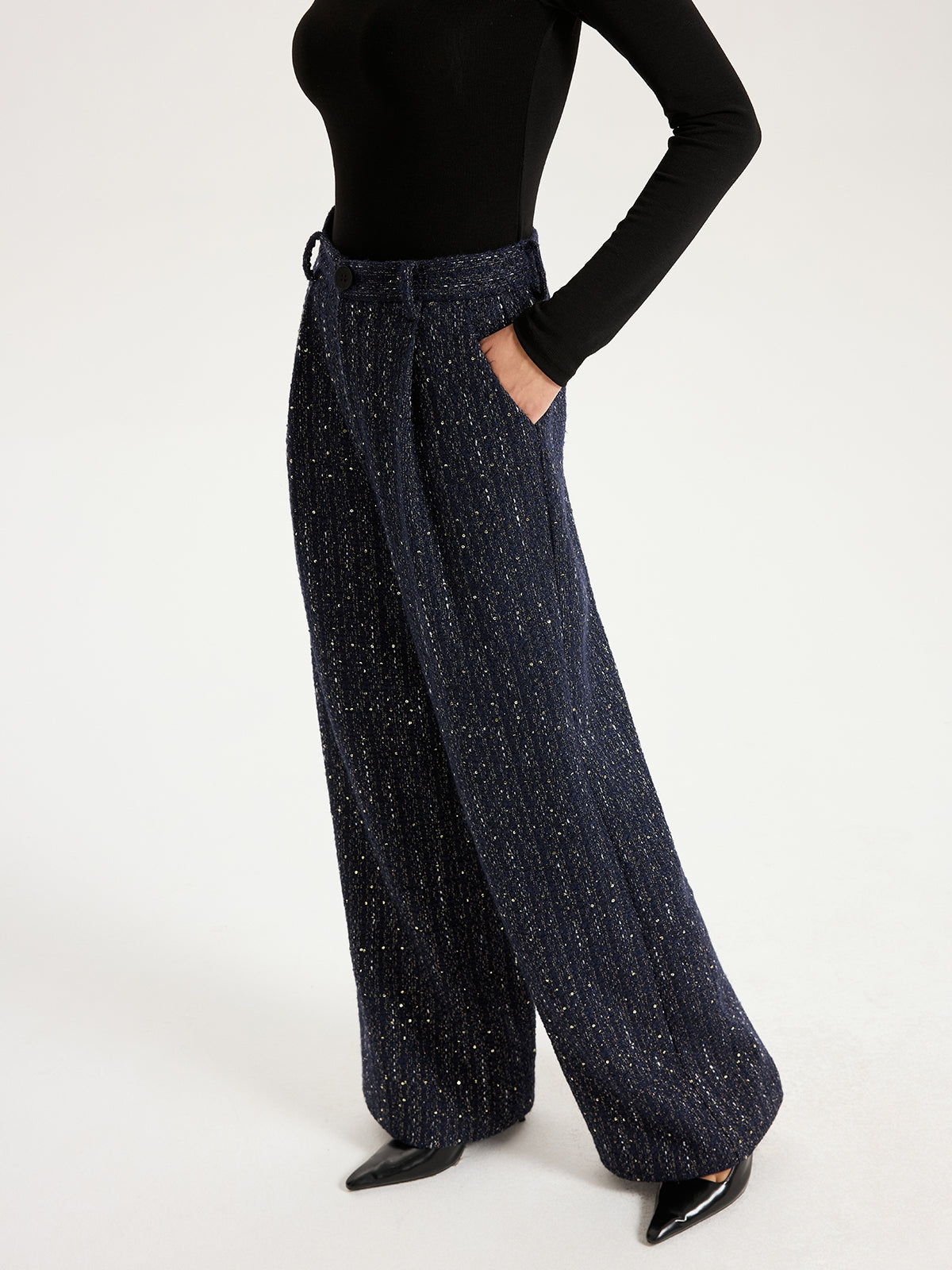 Mid-Waist Tweed Sequin Wide-Leg Pants-Chicvia