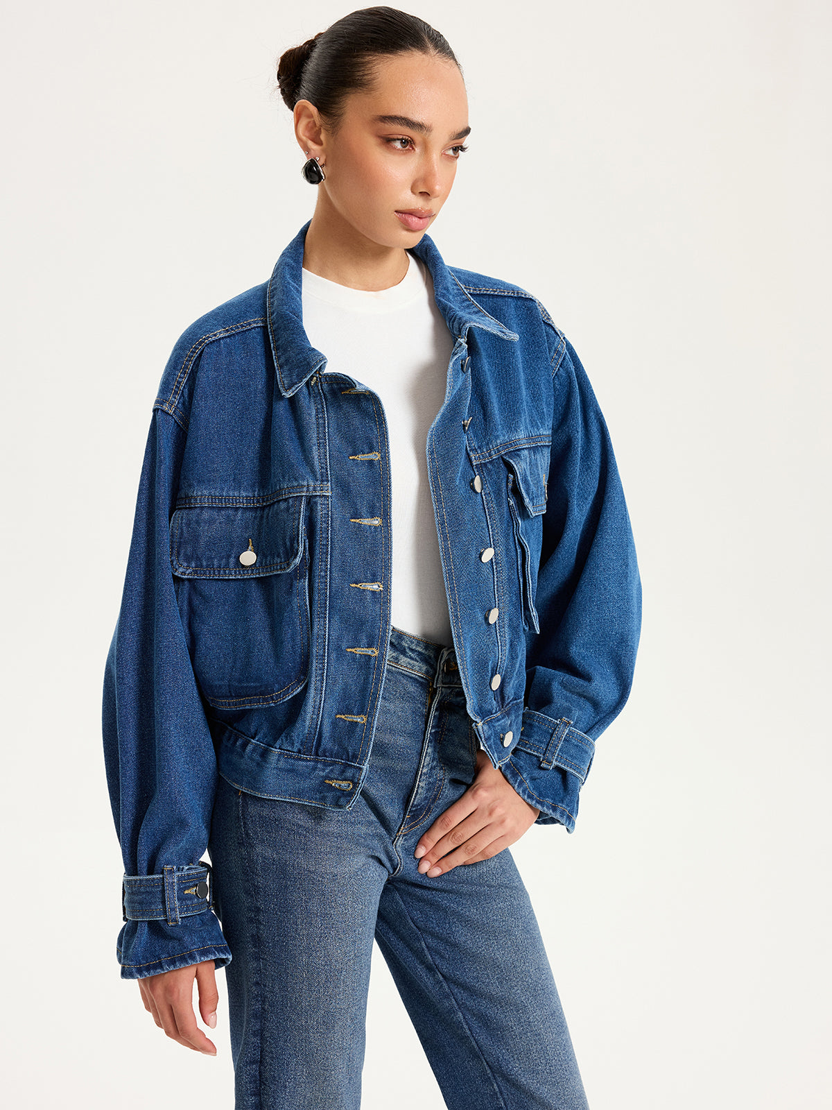 Collared Denim Cropped Jacket-Chicvia