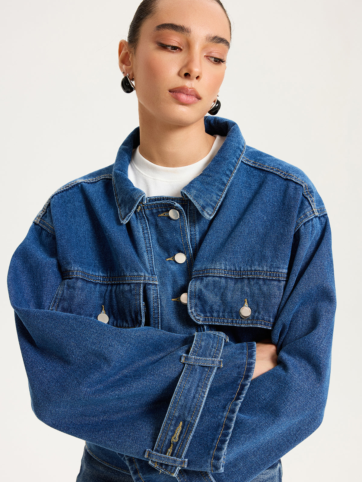 Collared Denim Cropped Jacket-Chicvia