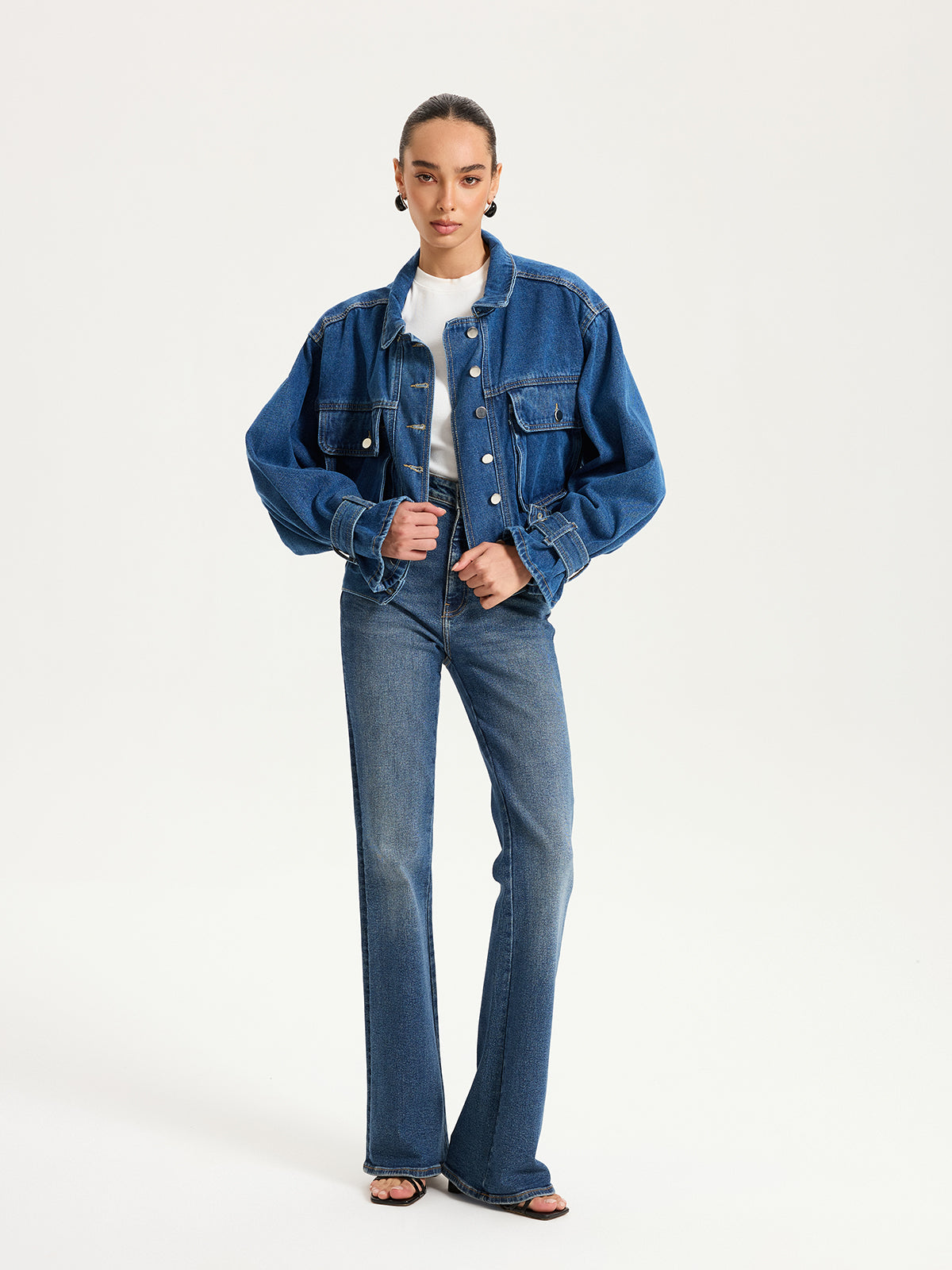 Collared Denim Cropped Jacket-Chicvia