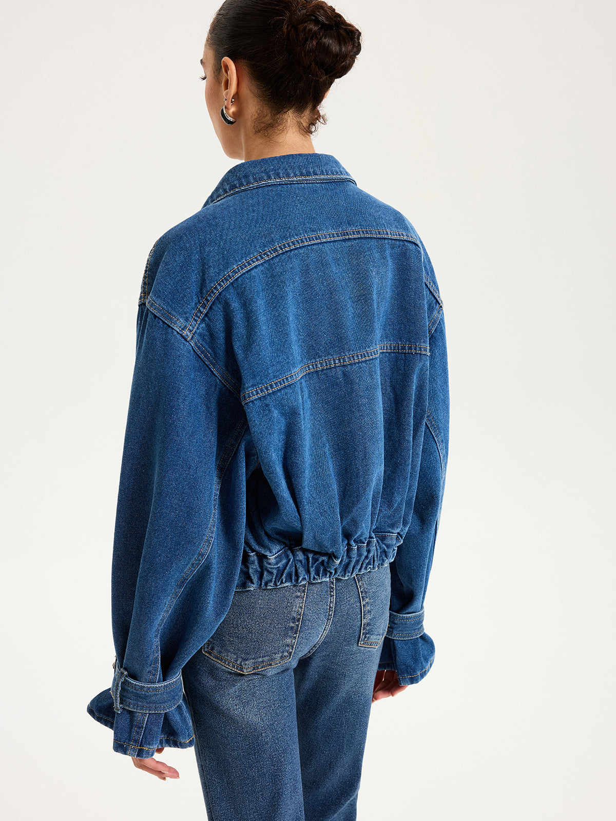 Collared Denim Cropped Jacket-Chicvia