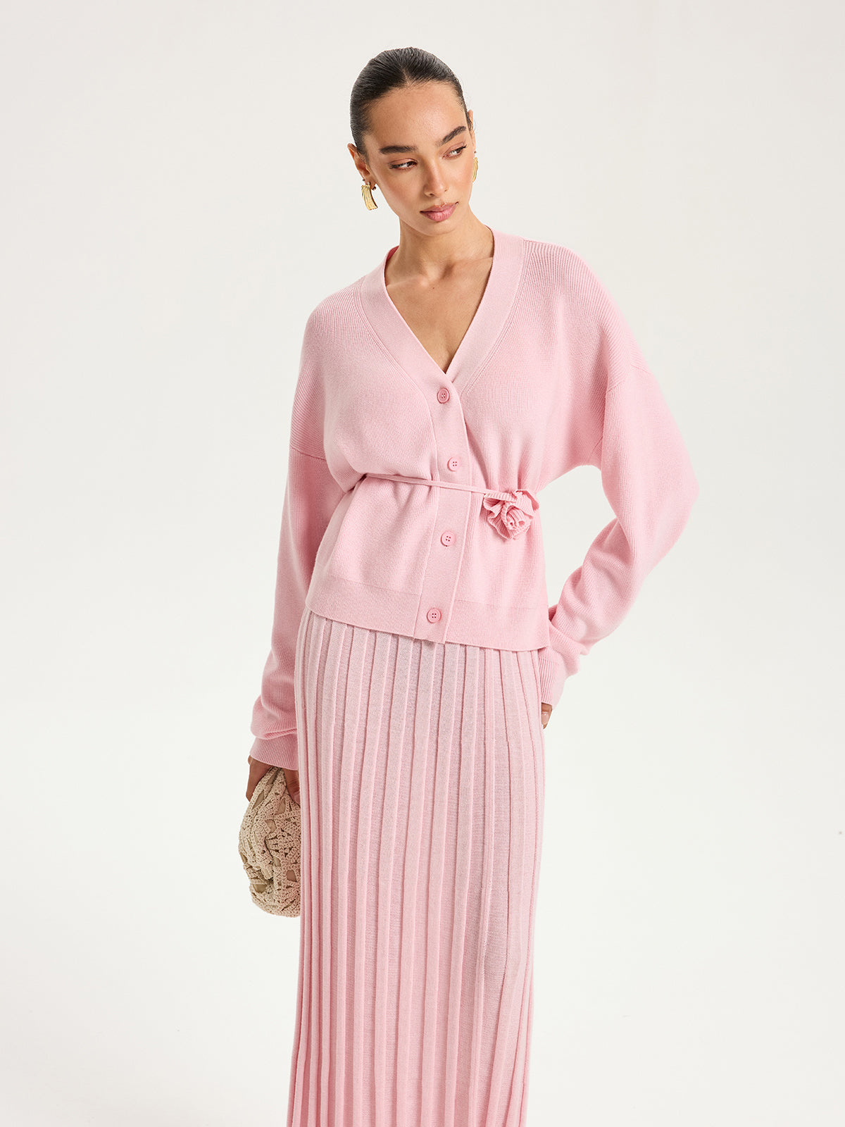 Knitted Belted Cardigan and Textured Maxi Skirt Set-Chicvia