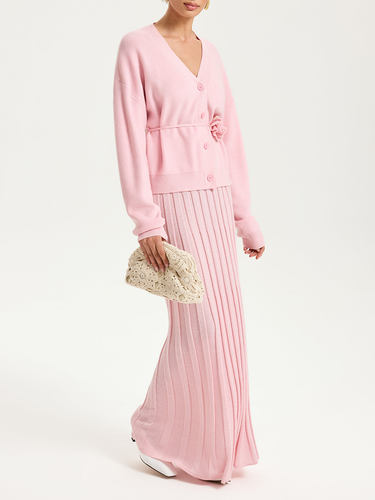 Knitted Belted Cardigan and Textured Maxi Skirt Set-Chicvia