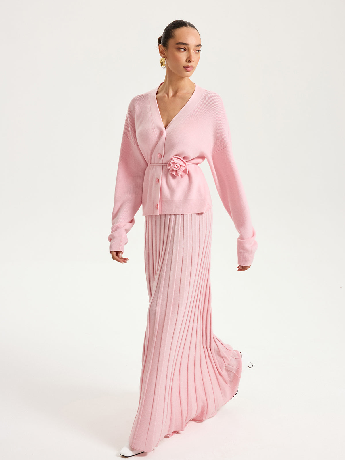 Knitted Belted Cardigan and Textured Maxi Skirt Set-Chicvia