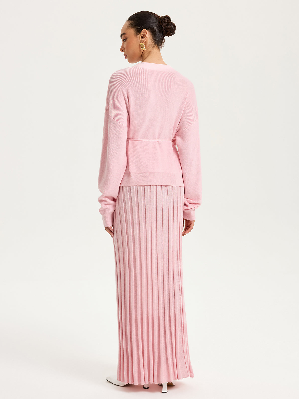 Knitted Belted Cardigan and Textured Maxi Skirt Set-Chicvia