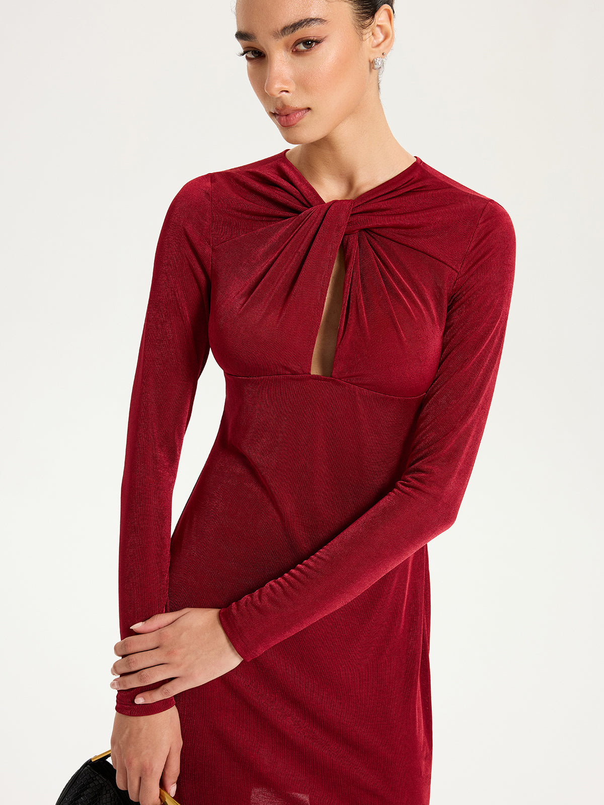Knot-Front Long Sleeve Mini Dress-Chicvia