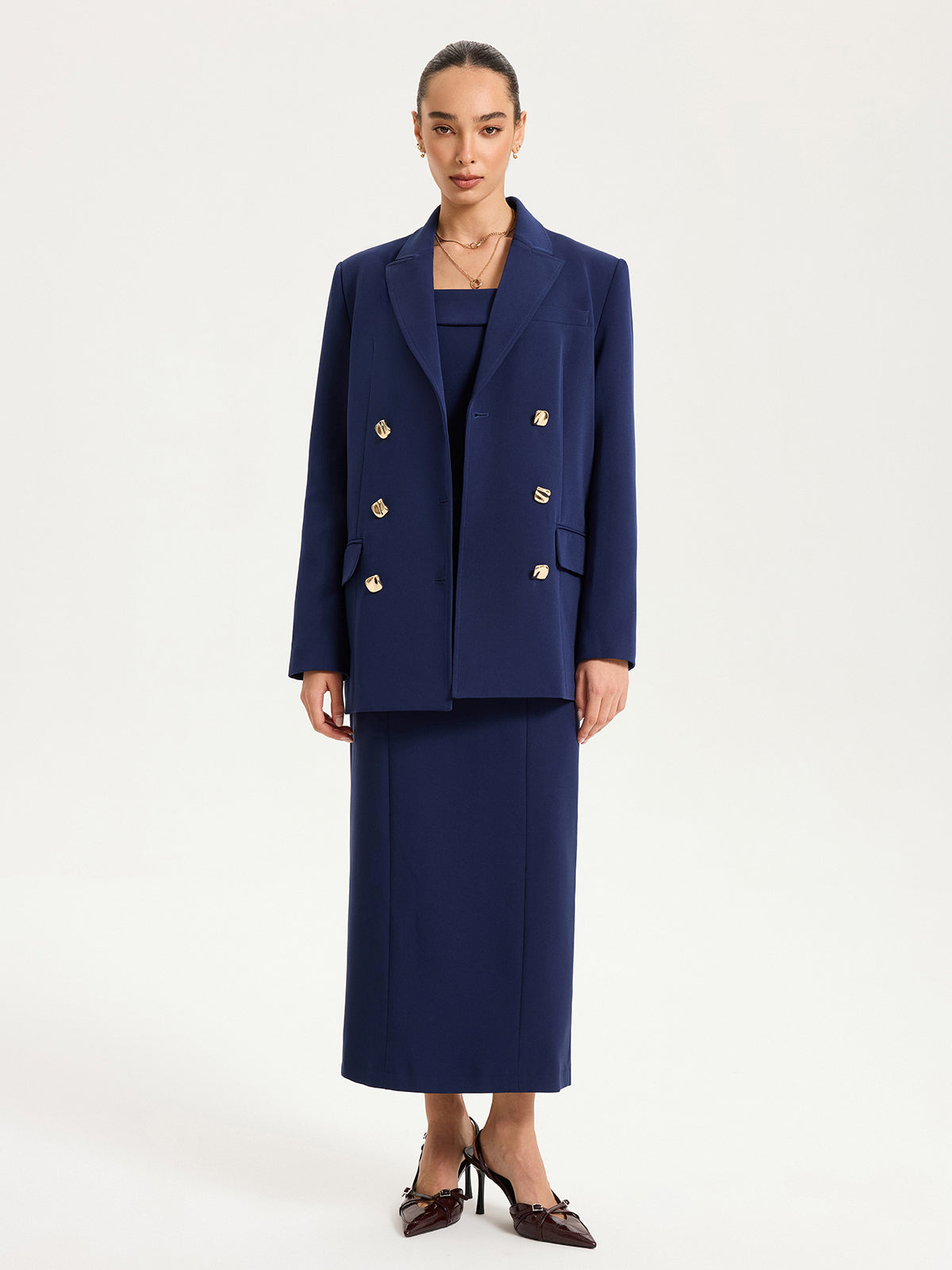 Metal Double-Breasted Oversized Blazer-Chicvia