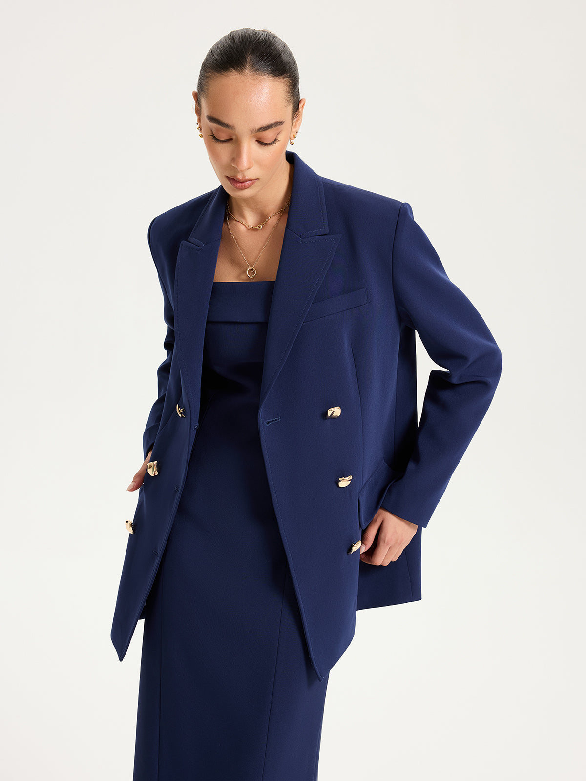 Metal Double-Breasted Oversized Blazer-Chicvia