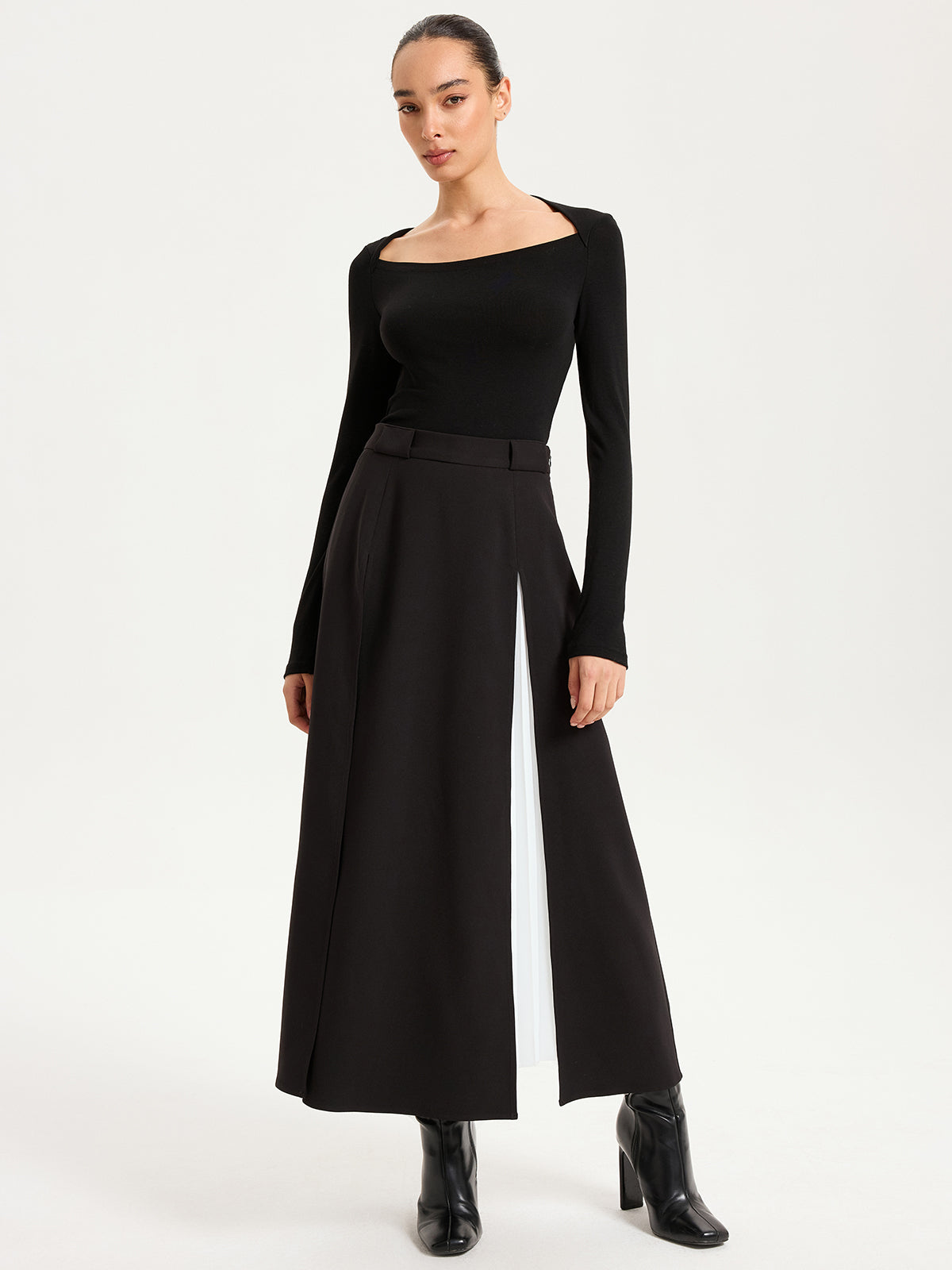 Contrast Pleated Maxi Skirts-Chicvia