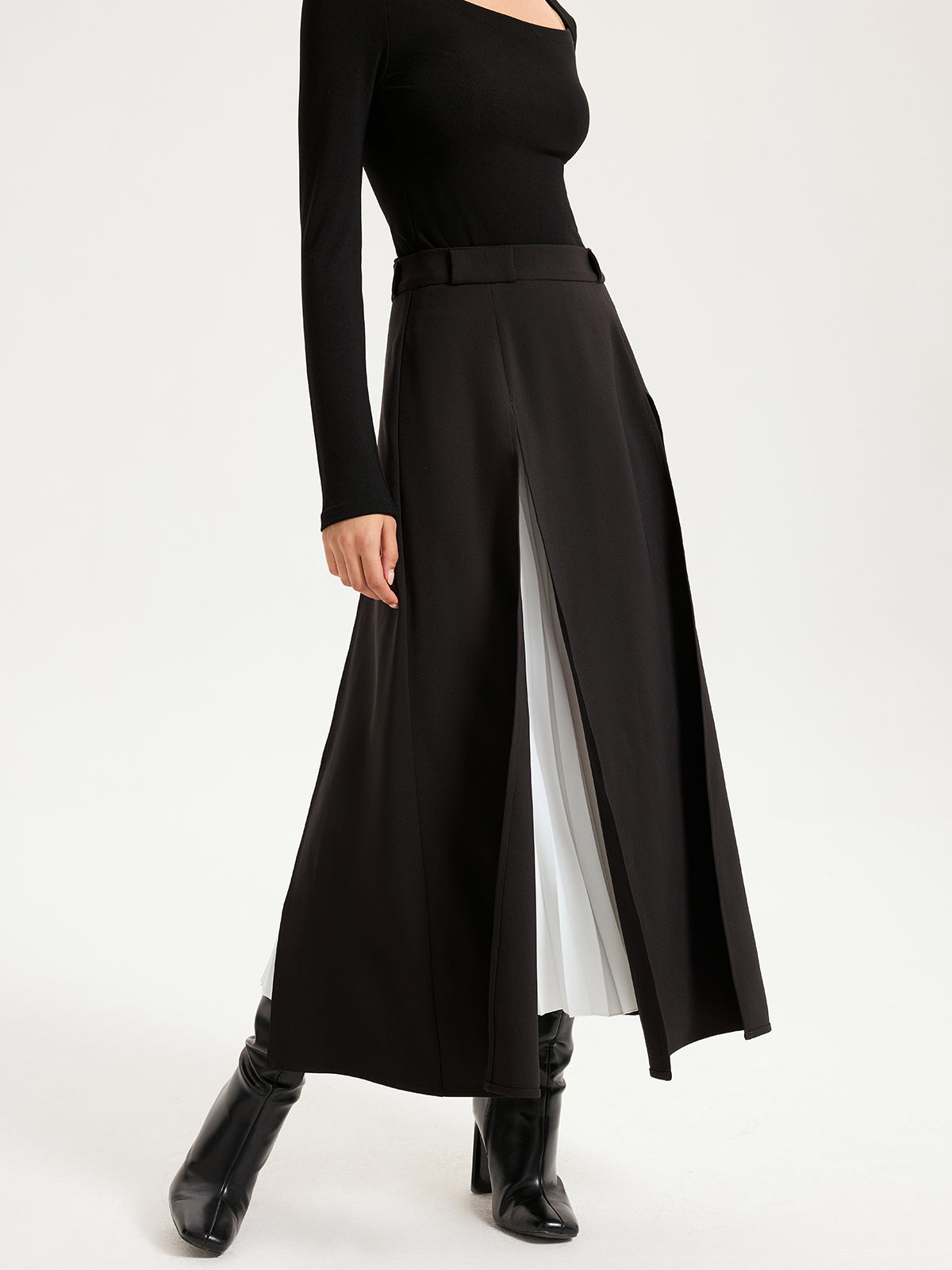 Contrast Pleated Maxi Skirts-Chicvia