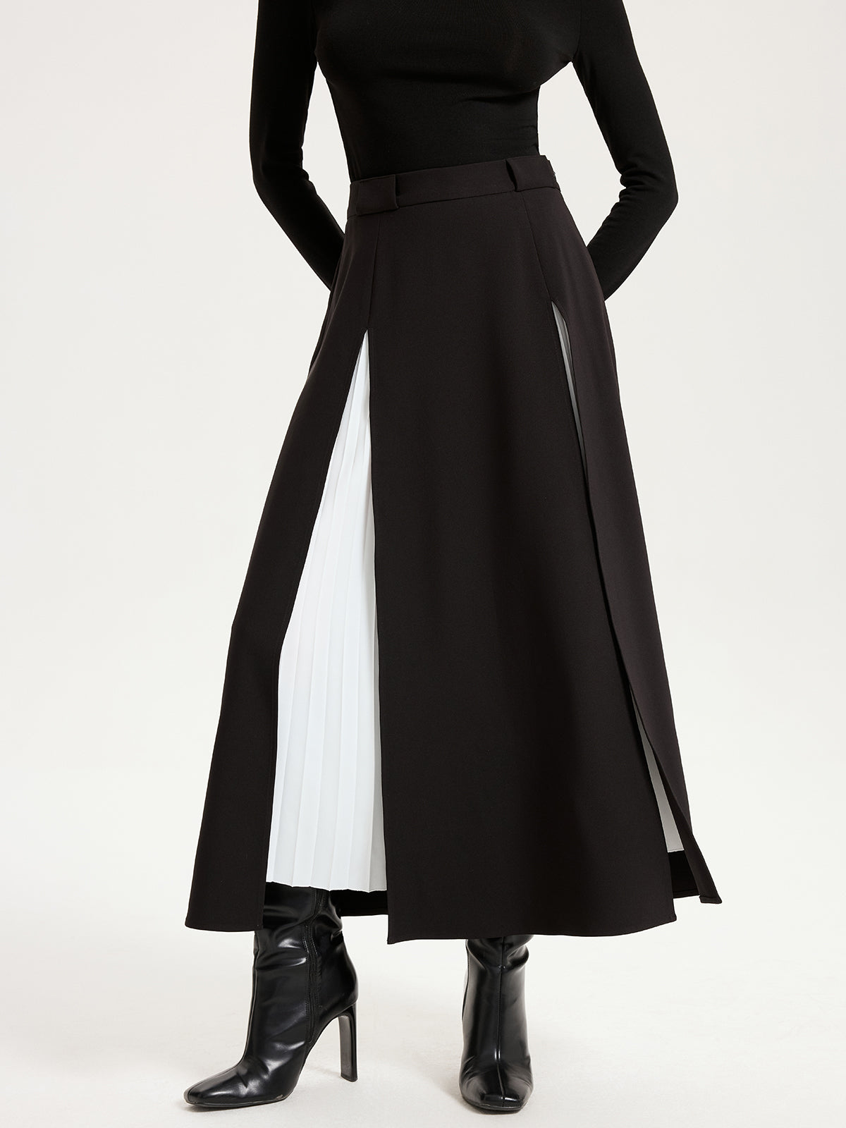 Contrast Pleated Maxi Skirts-Chicvia