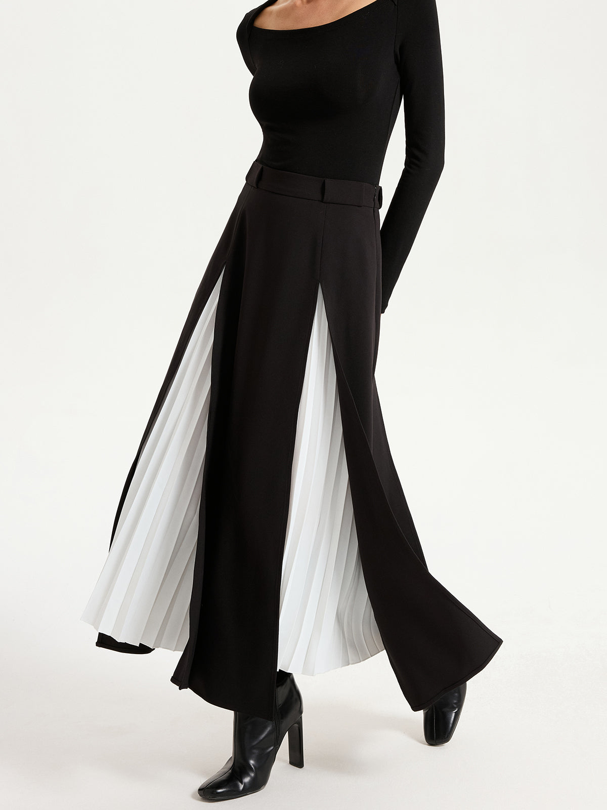 Contrast Pleated Maxi Skirts-Chicvia