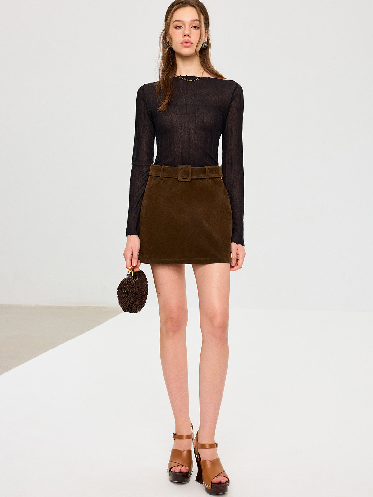 Belted Suede Mini Skirt-Chicvia
