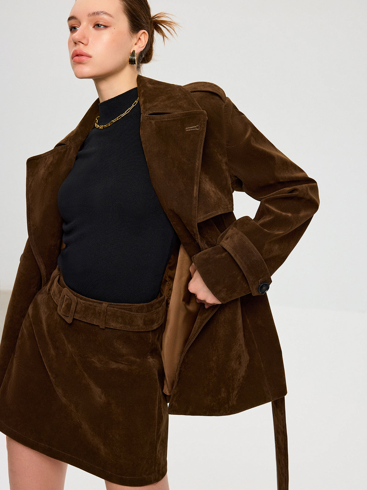 Belted Suede Mini Skirt-Chicvia