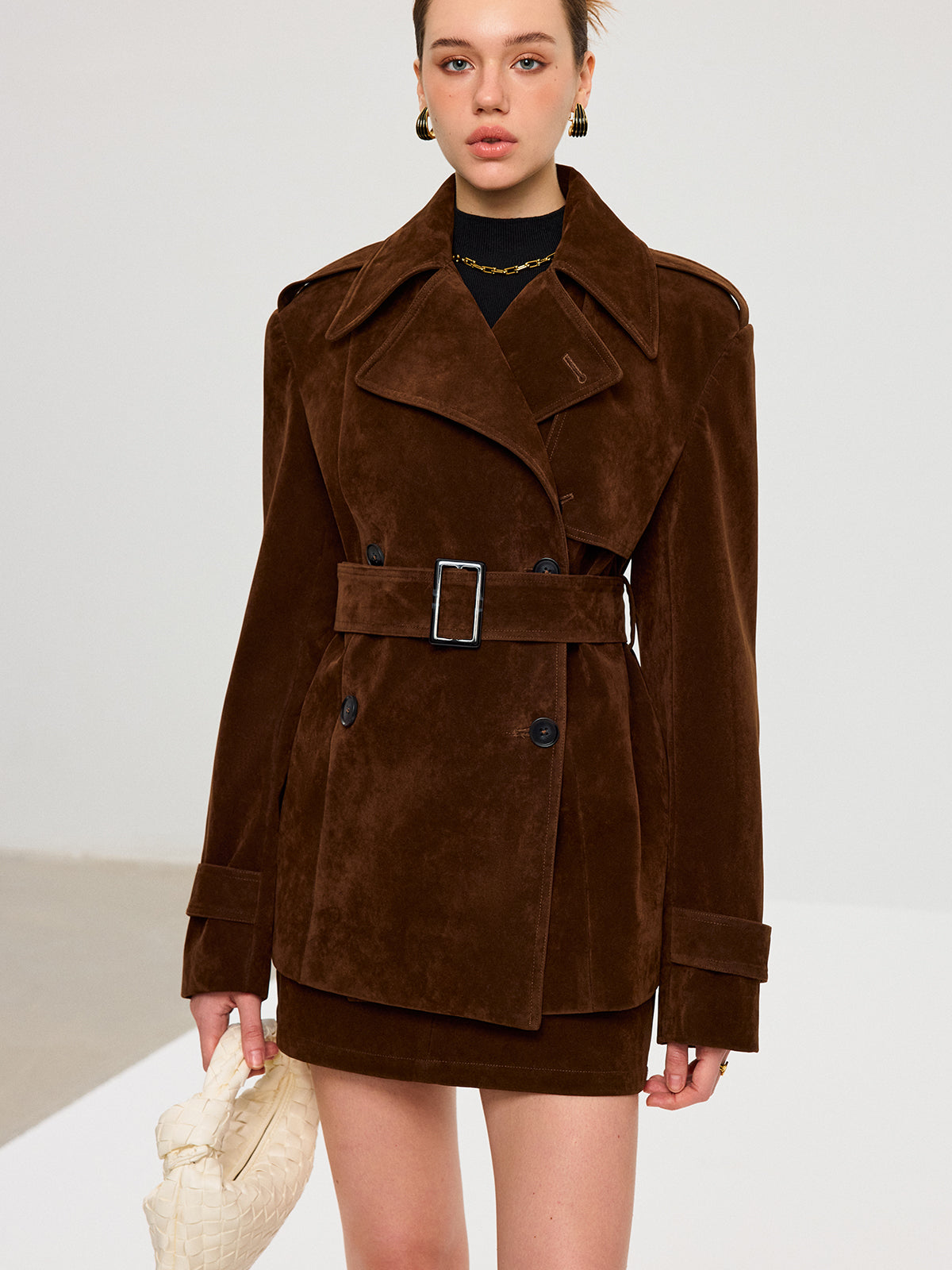 Belted Suede Effect Trench Coat-Chicvia