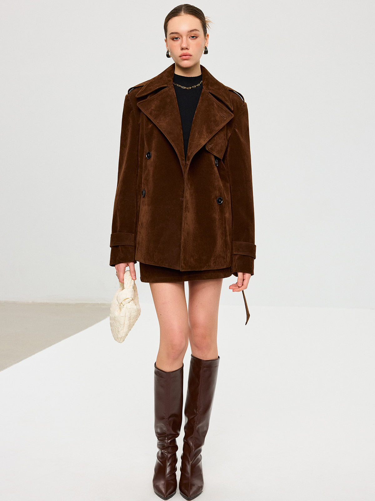 Belted Suede Effect Trench Coat-Chicvia