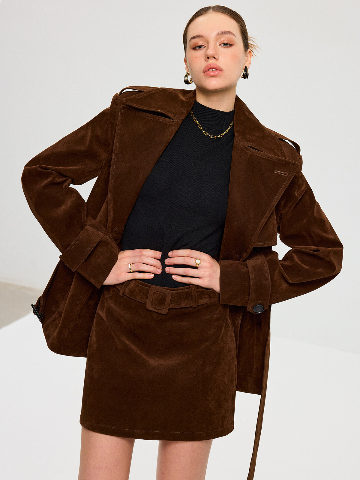 Belted Suede Effect Trench Coat-Chicvia
