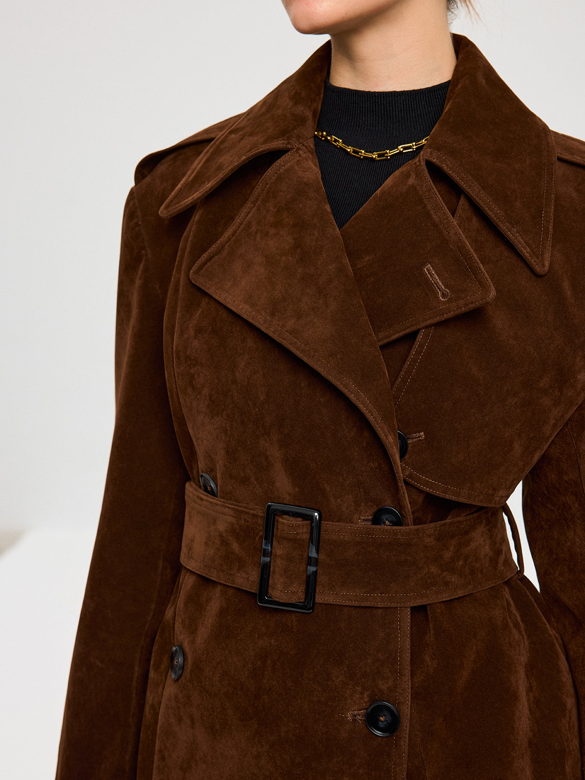 Belted Suede Effect Trench Coat-Chicvia