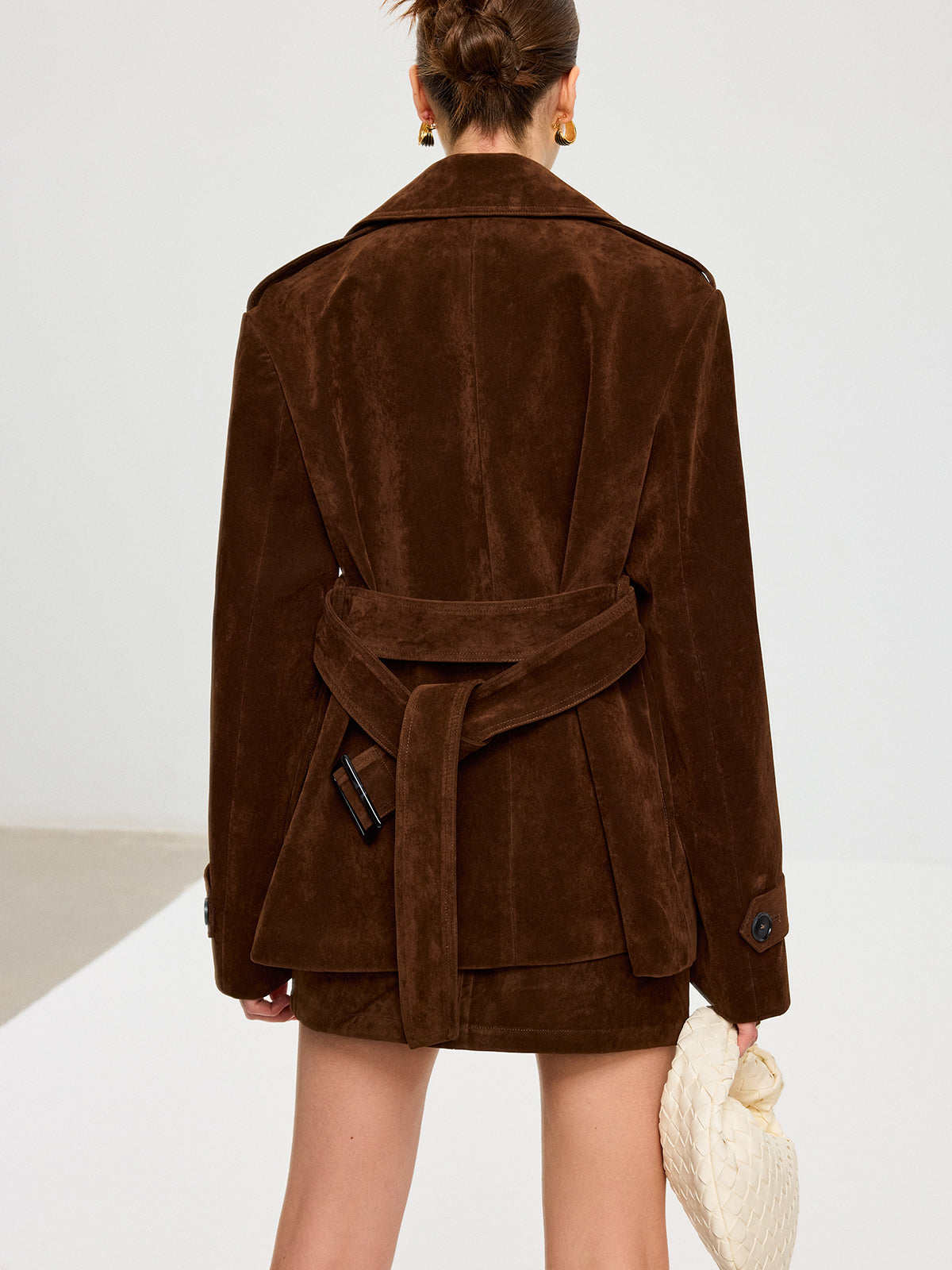 Belted Suede Effect Trench Coat-Chicvia